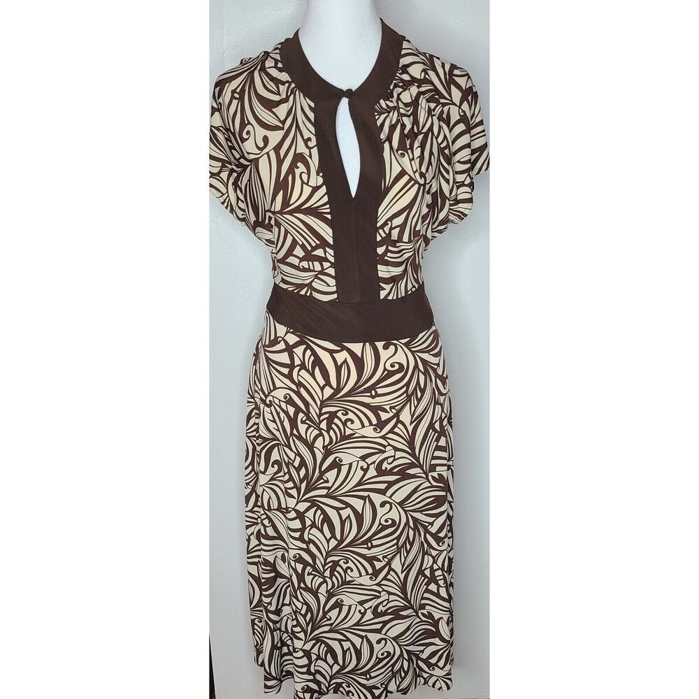 Dressbarn Dress Women's 10 Brown Tan Tie Back Keyhole Neck Short Flutter Sleeve